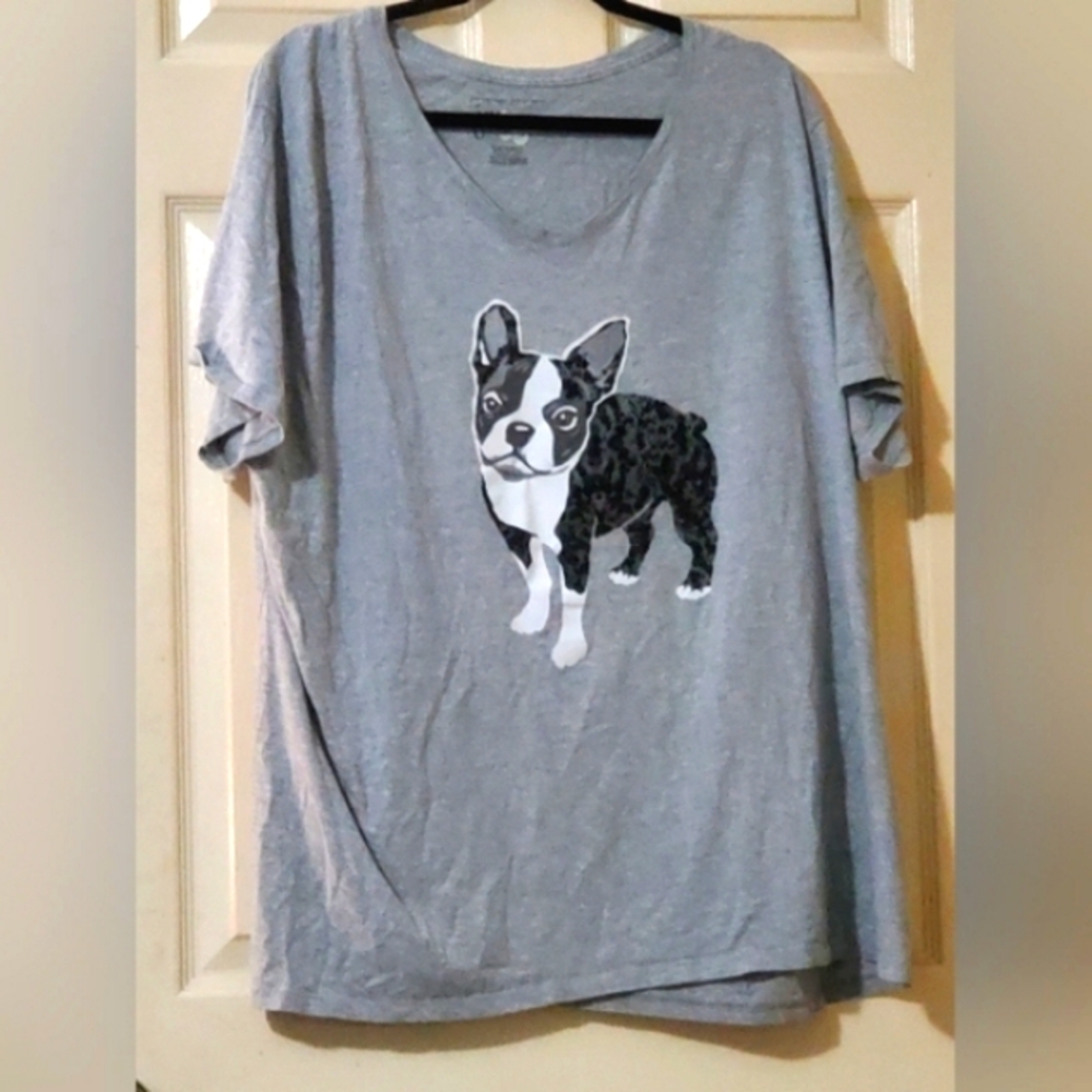 Just-My-Size Women's Heather Gray Cotton-Poly VNeck Tee W/ Boston Terrier EUC 5X